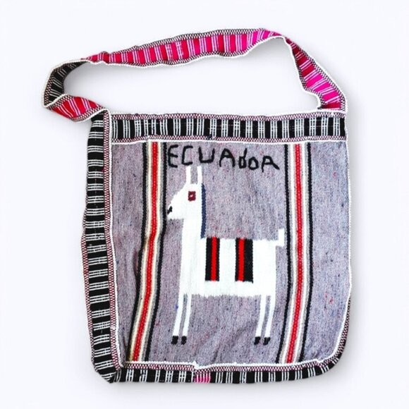 Vintage Handbags - Ecuador Llama Woven Wool Bag Pink and Black